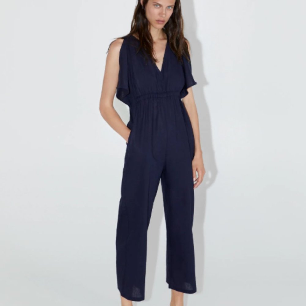 Zara Womens Rustic Jumpsuit Pants Linen Navy Blue - Picture 1 of 8